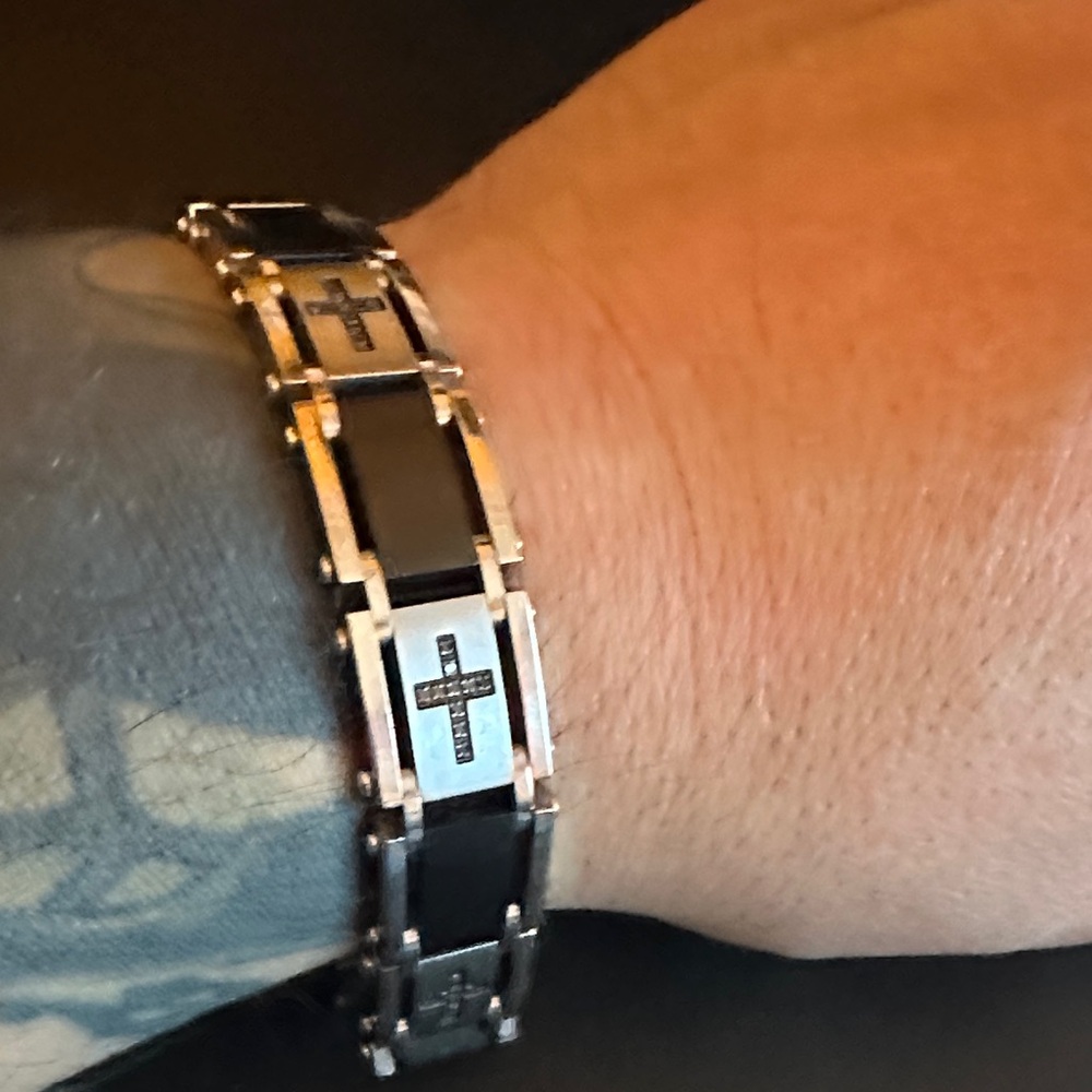 Sterling Steel Men's Black and Silver Cross Bracelet